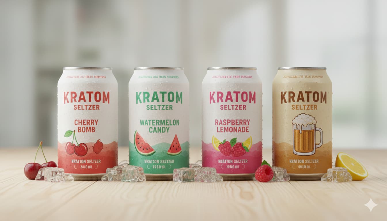 White Rabbit Kratom seltzer lineup showing Cherry Bomb Watermelon Candy Raspberry Lemonade and Root Beer flavor